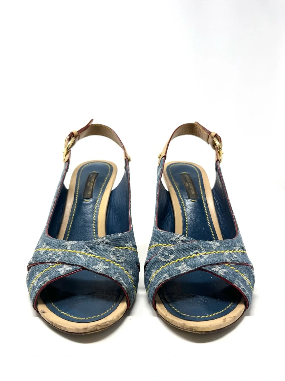 Vintage Vtg Louis Vuitton Blue Denim Logo Monogram Slingback Sandals Heels 37 7
